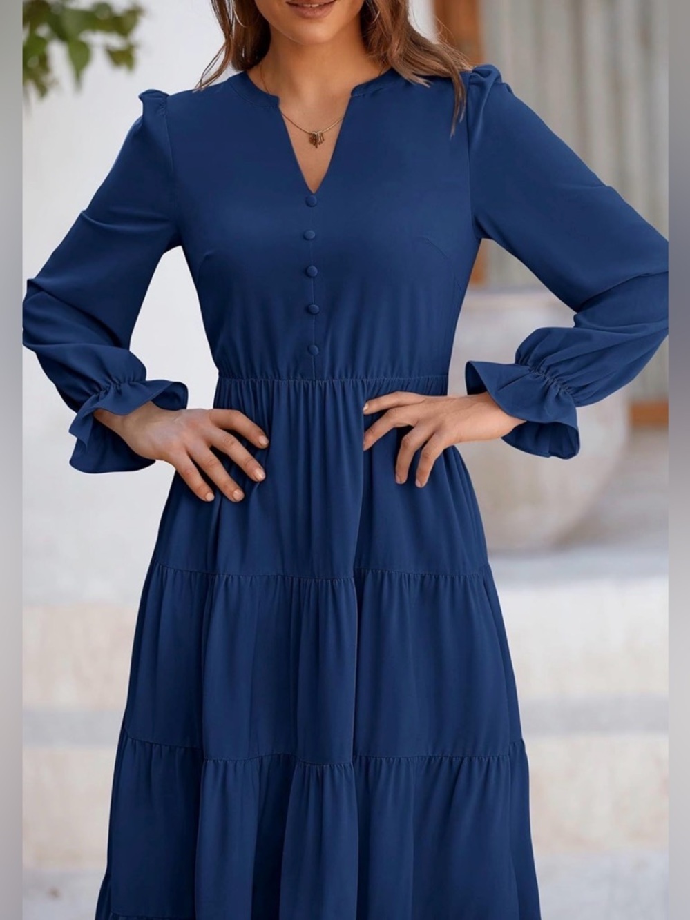 NWT Puff Sleeve Smocked Maxi Dress Flowy Tiered Navy sz S - Picture 4 of 4